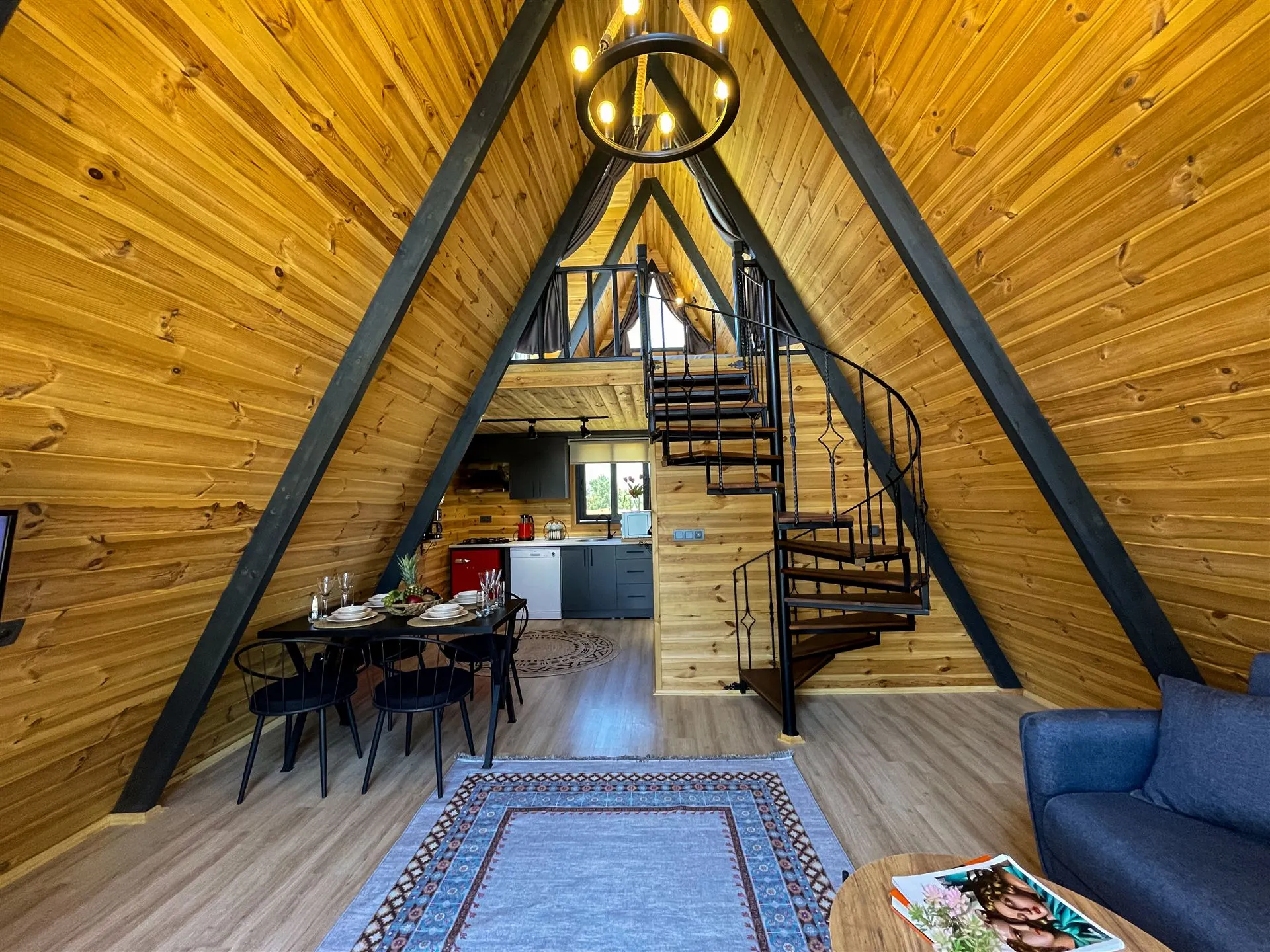Wooden interior of the A-frame bungalow